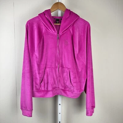 Victoria's Secret Cropped Hoodie Full Zip Bright Pink Velour Womens XL - Image 1 of 4
