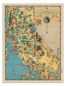 CALIFORNIA Pictorial Map 1935 Vintage Illustration -Unframed- Print - Picture 1 of 3