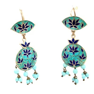 Vintage Sterling Signed 925 Lotus Flower Enamel Turquoise Bead Dangle Earrings - Picture 1 of 7