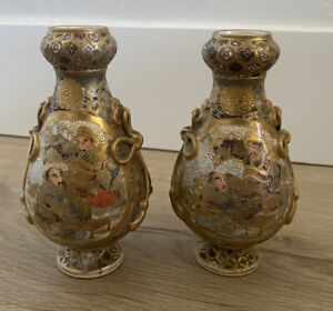 Pair Antique/Vintage Asian Japanese Painted Porcelain Satsuma Vases 4.75” As-Is