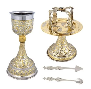 Bicolor Orthodox Holy Communion Brass Chalice Set with Enamel Cross Design - Picture 1 of 3