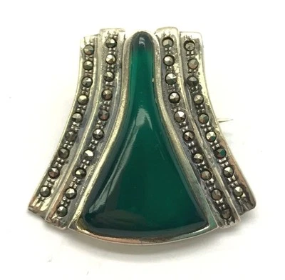 Broche prendedor grueso de marcasita calcedonia verde geométrico de plata de ley oxidada Foto 1 de 3