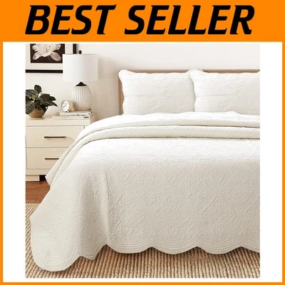 Reversible 100% Cotton Oversized King Quilt Set - Elegant Ivory Medallion Design - Image 1 of 4