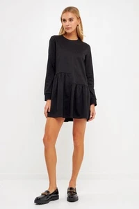 NUEVO Mini Vestido English Factory Costura Desequilibrada Manga Larga Talla Mediana Negro - Imagen 1 de 6