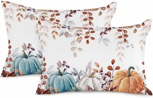 Thanksgiving Pumpkin Pillow Covers 12x20In Set/2,Eucalyptus Leaves Fall - Picture 1 of 8