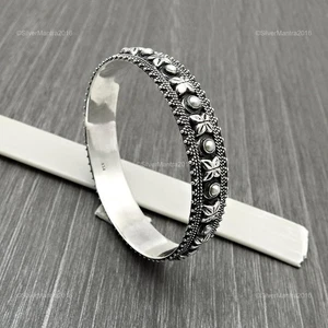 Round Pearl Stone Sterling Silver Artisan Sister Best Friend Gift Bangle Jewelry - Picture 1 of 8