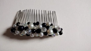 Schwarz-weiß Perlen Haarkamm Braut, Brautjungfer, Abschlussball, Hochzeit, Accessoires - Bild 1 von 7