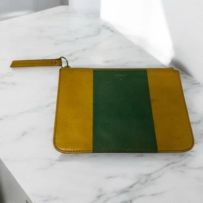 Fossil Sydney Top Cremallera Cuero Bolsa Delgada 7”x5” Cartera Monedero Amarillo Verde Foto 1 de 4
