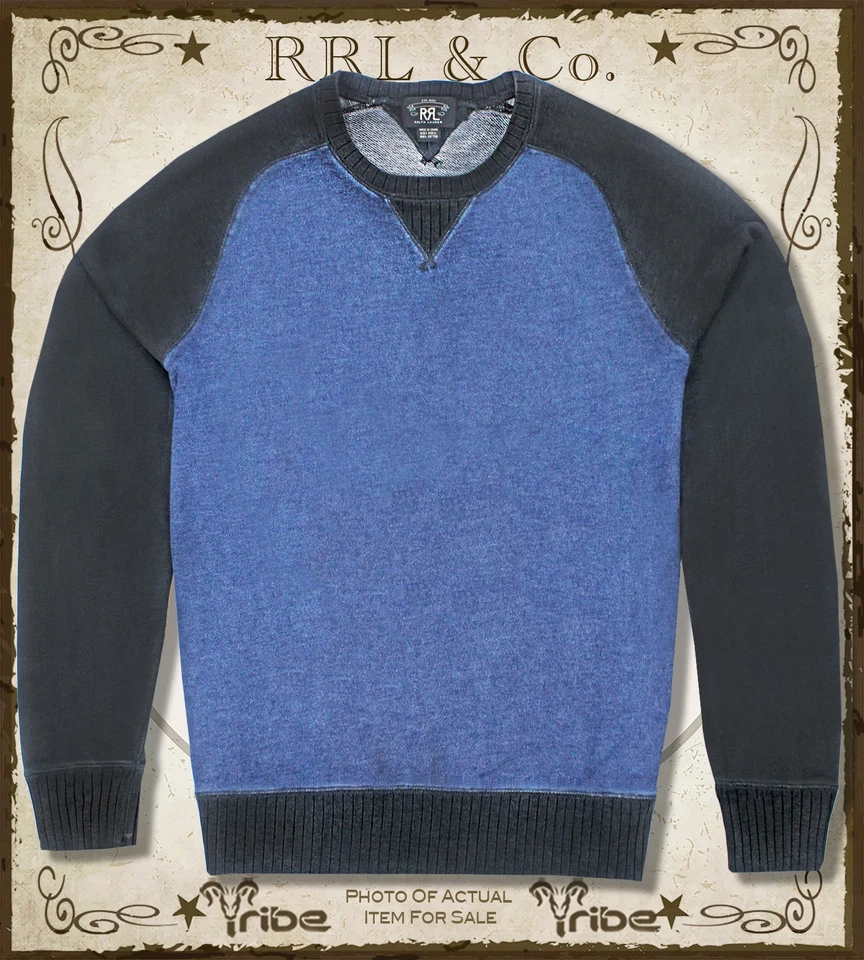 RRL Ralph Lauren Hombre Azul Negro Índigo Doble-V Terry Francés Raglán Sudadera Foto 1 de 3