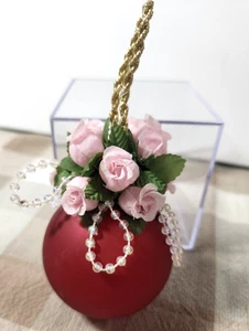 VTG Red Round Ball Ornament w/Pink Faux Roses Pearls & Gold String 3" Hand Trim - Picture 1 of 4