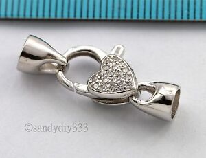 1x Rhodium plated STERLING SILVER HEART CZ BEADING CORD END CAP CLASP #2742