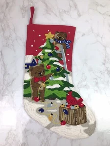 Bears Decorating Tree Holiday Christmas Yarn Stitched Stocking - Picture 1 of 4