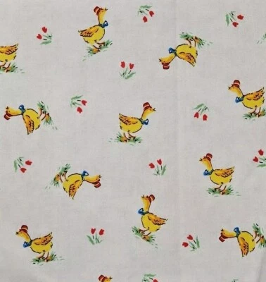 Vintage Cotton Fabric Piece 21.5 x 17.75in Pale Yellow Chickens Red Hat Blue Bow - Image 1 of 3