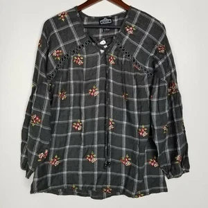 Angie Size S Grey Window Pane Plaid Floral Embroidered Balloon Sleeve Top Cutout - Picture 1 of 7
