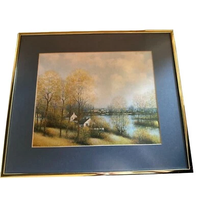 Vintage Jean Louis Vergne River Scene Painting Wall Art Frame Collectible Rare - Image 1 of 4