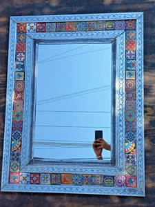 35" PUNCHED TIN MIRROR with Mexican talavera tile, hacienda style, handmade - Picture 1 of 5