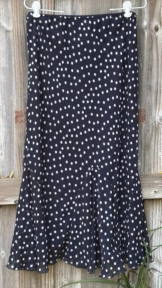 Chadwick’s Maxi Skirt Petite 14 Navy Blue White Polka Dots Lined Semi Sheer - Image 1 of 4