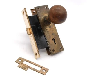 Vintage Wood Brass Complete Passage Door Knob Set - Picture 1 of 8