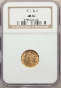 1879 LIBERTY HEAD $2.5 QUARTER EAGLE GOLD NGC MS63 - Picture 1 of 4