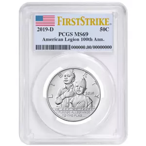 2019-D UNC 50c American Legion 100th Ann halber Dollar PCGS MS69 FS Flagge Etikett - Bild 1 von 2