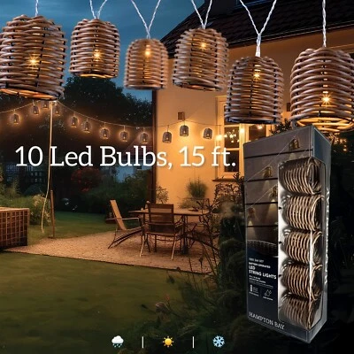 Hampton Bay 15 Foot 10 Bulb Battery Operated LED Rattan Shade String Lights NEW - Image 1 of 4