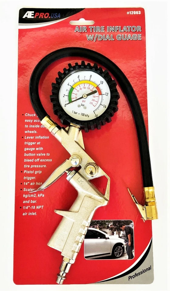 ATE PRO 220 PSI LOCK ON TIRE CHUCK INFLATOR WITH AIR PRESSURE GAUGE GUAGE #12063