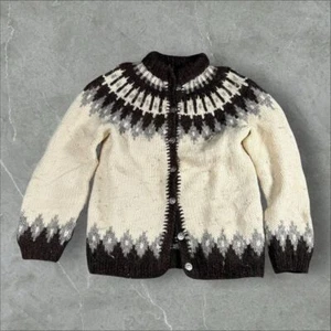 VTG Sweater Womens Small Brown Nordic Islandic 1970s Fair Isle Mohair Cardigan - Picture 1 of 8