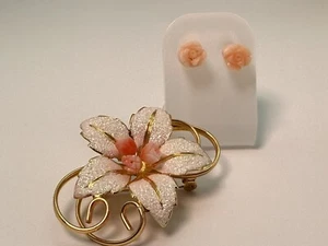 Vintage Brooch and Earrings Set Jewellery Coral Pink Salmon Flower Gold Metal - Picture 1 of 15