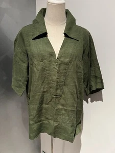 COUNTRY ROAD ORGANIC FRENCH LINEN BLOUSE POPOVER MOSS GREEN AU 6 US 2 LUXURY - Picture 1 of 9