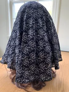 Lace Veil Handmade XL Black & Silver Mantilla Catholic Latin Mass Head Cover - Picture 1 of 6