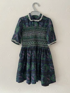 Vestido Vintage Eltain Verde y Azul Paisley Calado Edad 6 Encaje Hecho en Inglaterra - Imagen 1 de 7