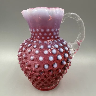 Fenton Cranberry Opalescent Hobnail Syrup Pitcher  Small Jug Vintage Glass - Image 1 of 4