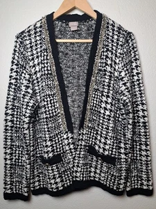 Chico's 2 L Houndstooth Designer Glam Black White Sweater Jacket Blazer Tweed - Picture 1 of 5