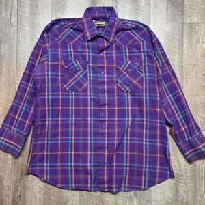 Vtg Panhandle Slim Shirt Mens 17.5 35 Purple Teal Western Pearl Snap Ranch Town - Picture 1 of 6