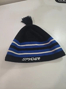 SPYDER Tasseled Hat Ski Cap Black w/White & Blue One Size - Picture 1 of 4