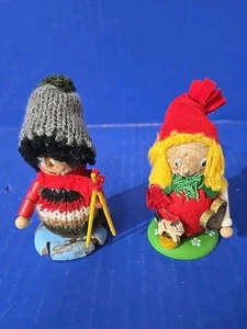 Vintage Steinbach W Germany Wooden Ornaments  Christmas-Skier & Girl-label-As Is - Picture 1 of 8