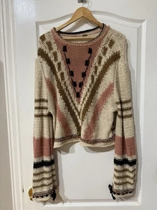 Free People Open Knit Boxy Crop Sweater  Bohemian Size L (A72) - Picture 1 of 6