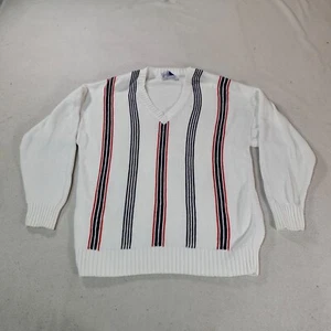 Vintage Braemar Sweater Mens Large White Striped Knit Preppy Grandpa Pullover - Picture 1 of 17
