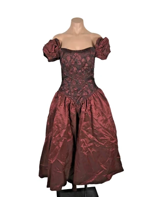 Sharon Atkin Deja Vu Vestido Vintage Granate Encaje Hombro Descubierto Baile de graduación Tul Años 80 Talla 3 Foto 1 de 4