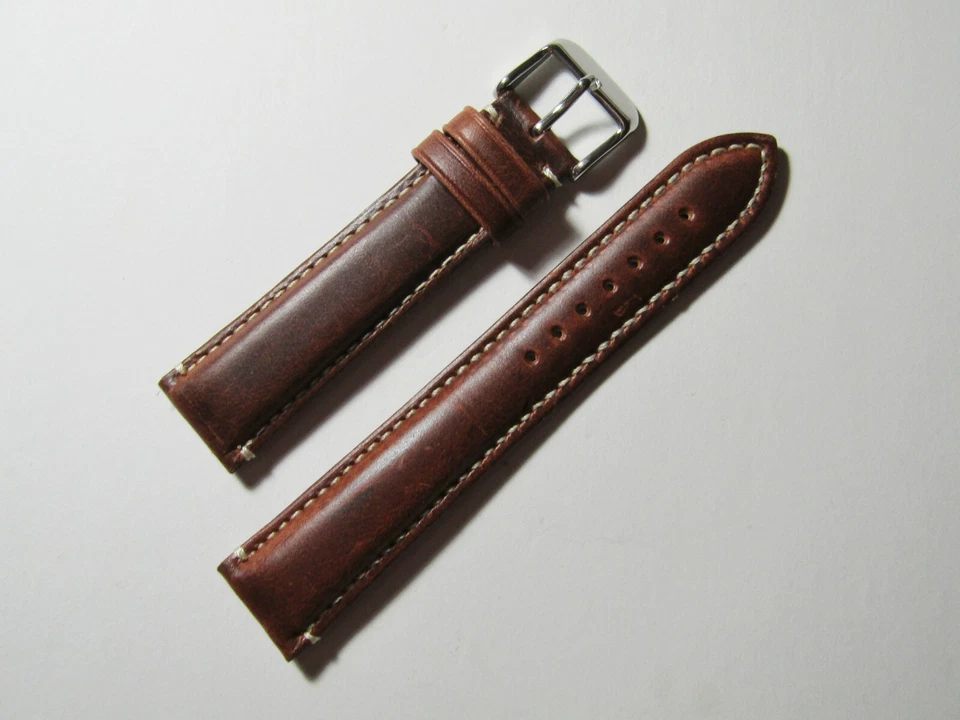 24mm Hadley-Roma MS885 Long Brown Oil Leather Chrono Heavy Pad Watch Band Strap
