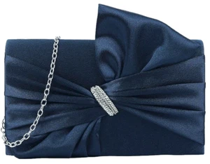 Navy Blue Clutch Bag Satin Wedding Prom Evening Shoulder Bag Diamante Trim New - Picture 1 of 6