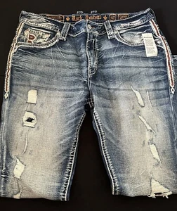Rock Revival Cypress Straight Distressed Blue Jeans Red Accent Men Sz 40 NWOT - Picture 1 of 4