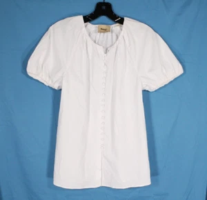 ELIE TAHARI White STRETCH TWILL Button-Up PUFF SLEEVES Zip Side BLOUSE/TOP Sz M - Picture 1 of 5