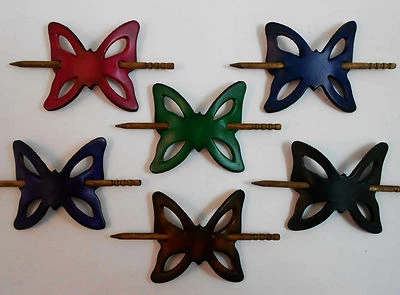 2 Leather Butterfly Hair Barrettes w Sticks, Ponytail Holders, Choice of Colors - Image 1 of 4