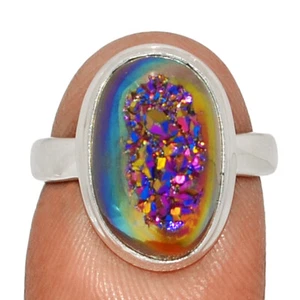 Treated Titanium Aura Druzy 925 Sterling Silver Ring Jewelry s.6 CR64567 - Picture 1 of 1