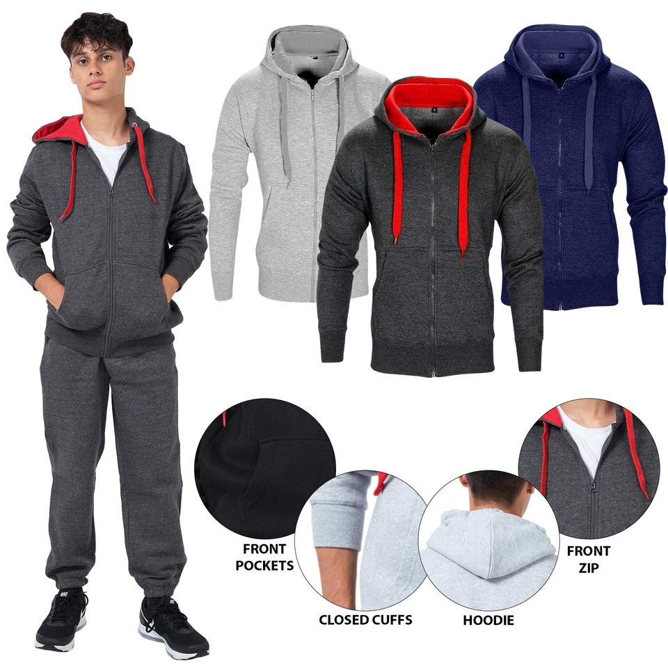 New Men’s Tracksuit Set Fleece Hoodie Top & Joggers Bottoms Gym Contrast Outfit - Image 1 of 3
