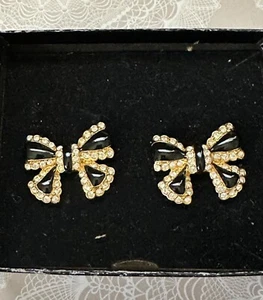 Joan Rivers Classics Collection Black Enamel Bow Shaped Earrings Rhinestones - Picture 1 of 6