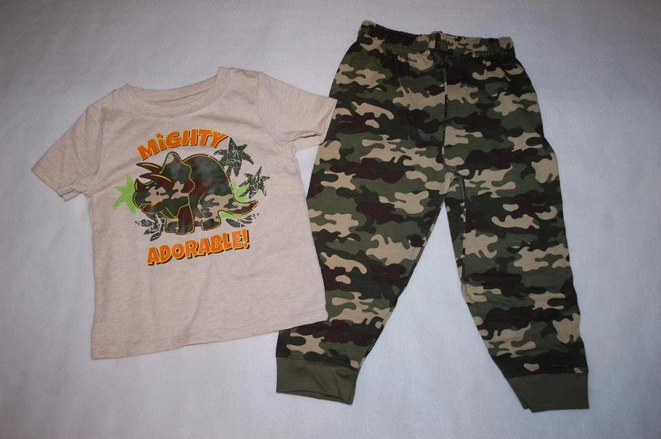 Baby Boys Outfit BEIGE T-SHIRT Dinosaur MIGHTY ADORABLE Camo Knit Pants 0-3 MO - Image 1 of 1