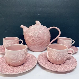 Pink Rose Impressed Tea Pot 4 Saucers 4 Cups Made In Portugal - Picture 1 of 14