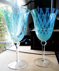 TWO Aqua Blue Opalescent Glass Lattice Goblet - Picture 1 of 10